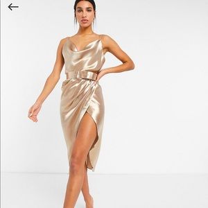 ASOS NEVER WORN- Satin gold midi dress with cowl neck and belt